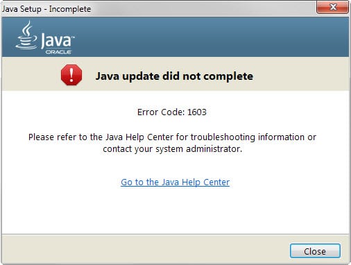 java did not complete error code 1603